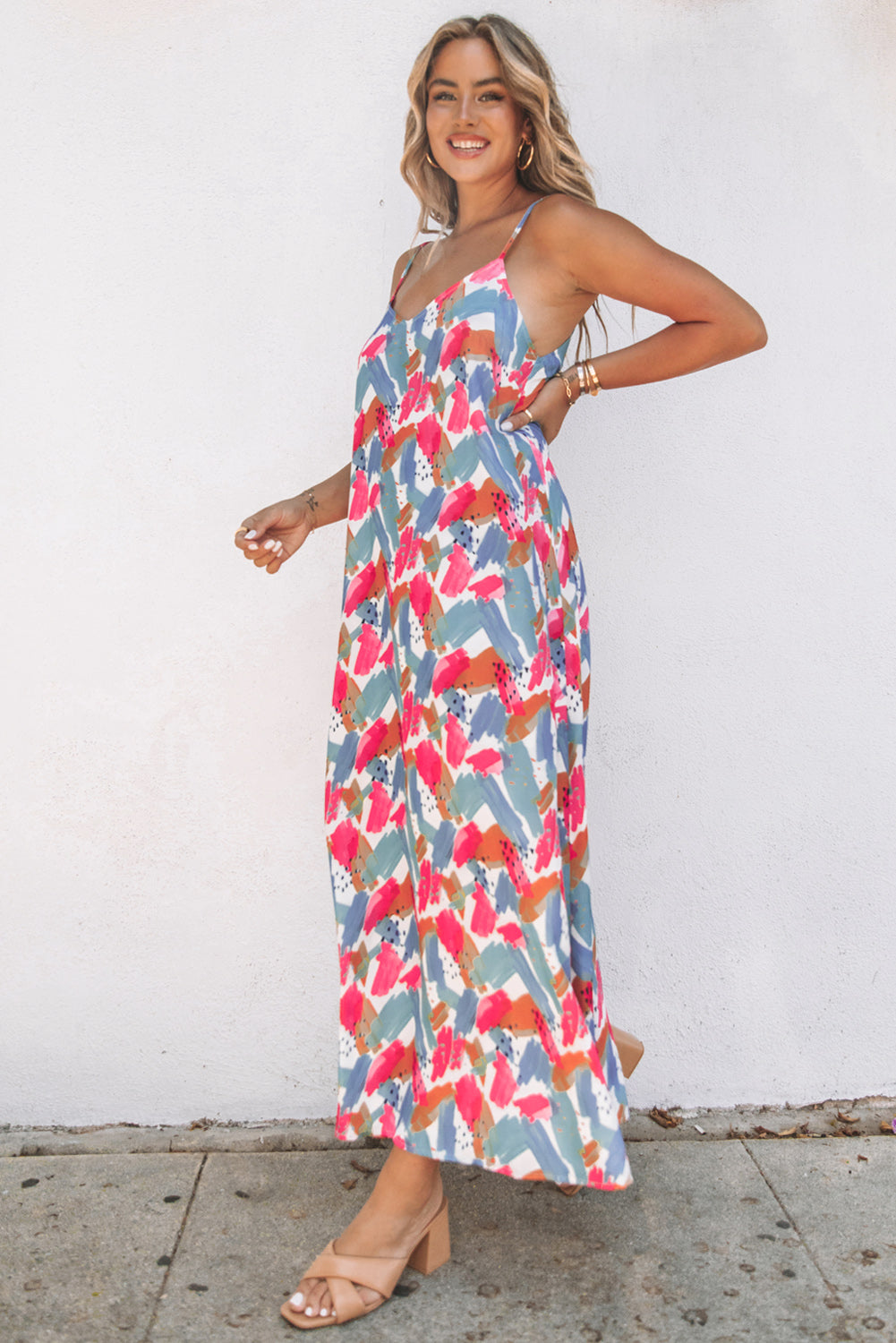 Multicolor Abstract Print Spaghetti Straps Maxi Dress