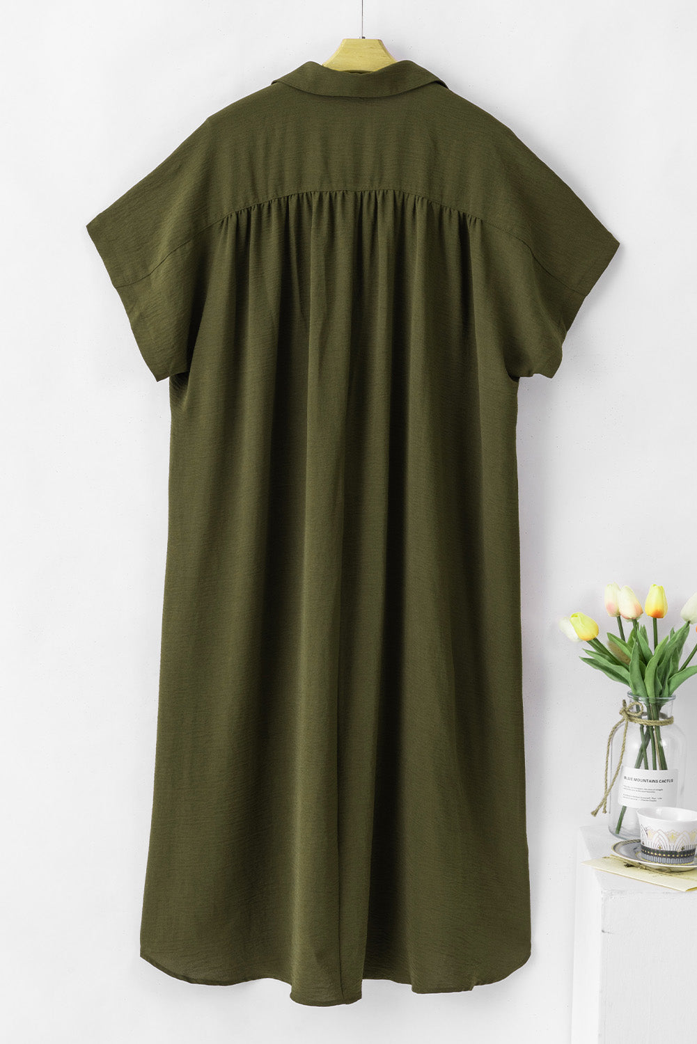 Jungle Green Loose High Low Side Slits Short Sleeve Shirt Dress