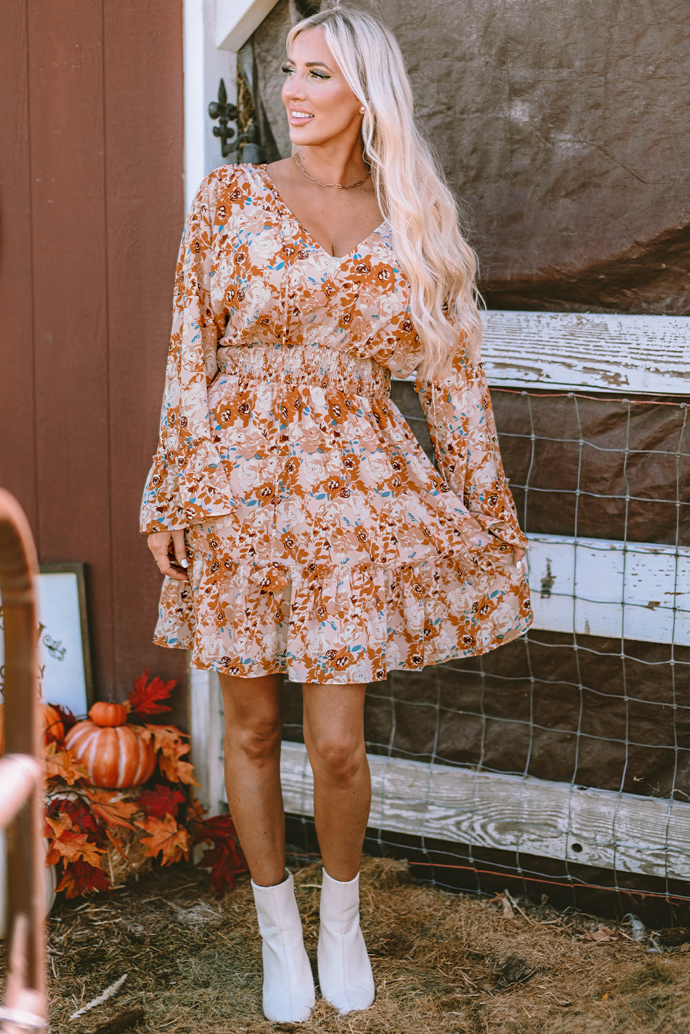 Orange Floral Smocked Waist Dress