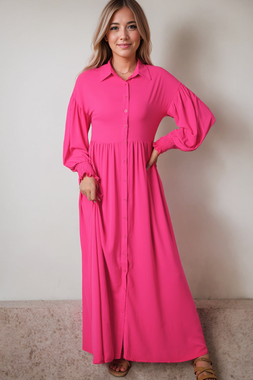 Rose Bubble Sleeve Shirt Maxi Dress