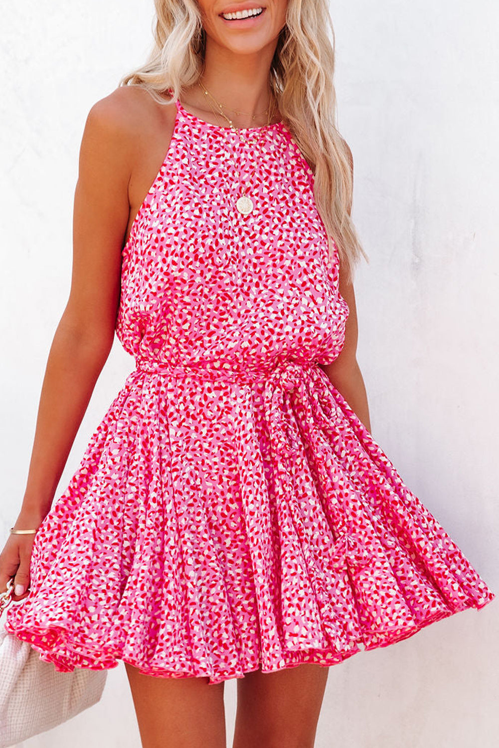 Pink Leopard Print Sleeveless Mini Dress with Waist Tie