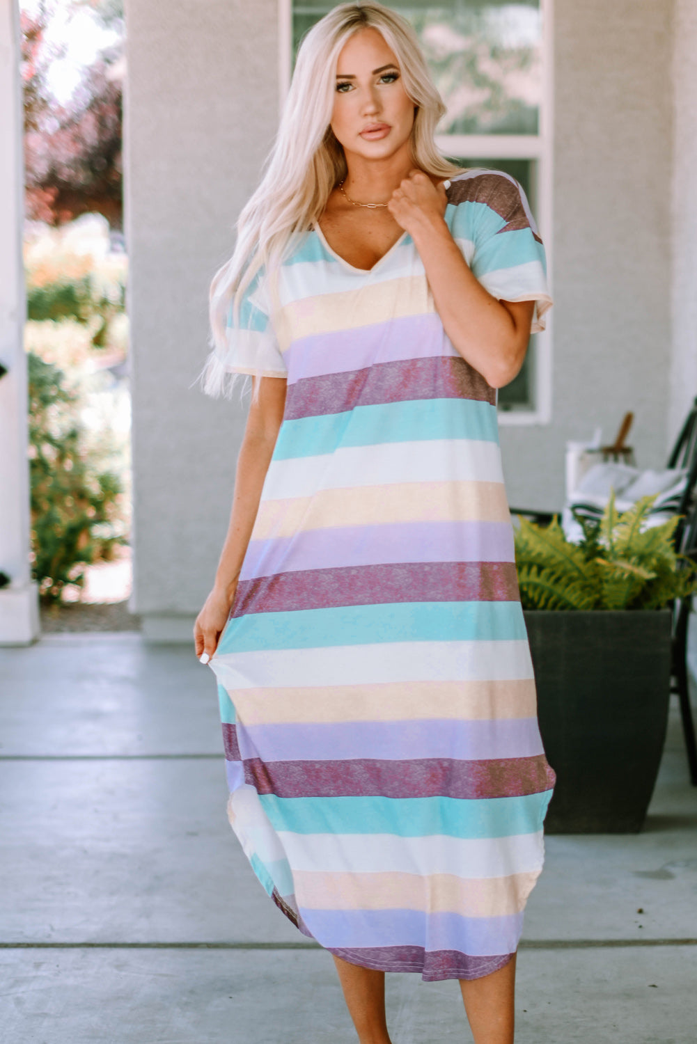 Striped Color Block V Neck T Shirt Midi Dress