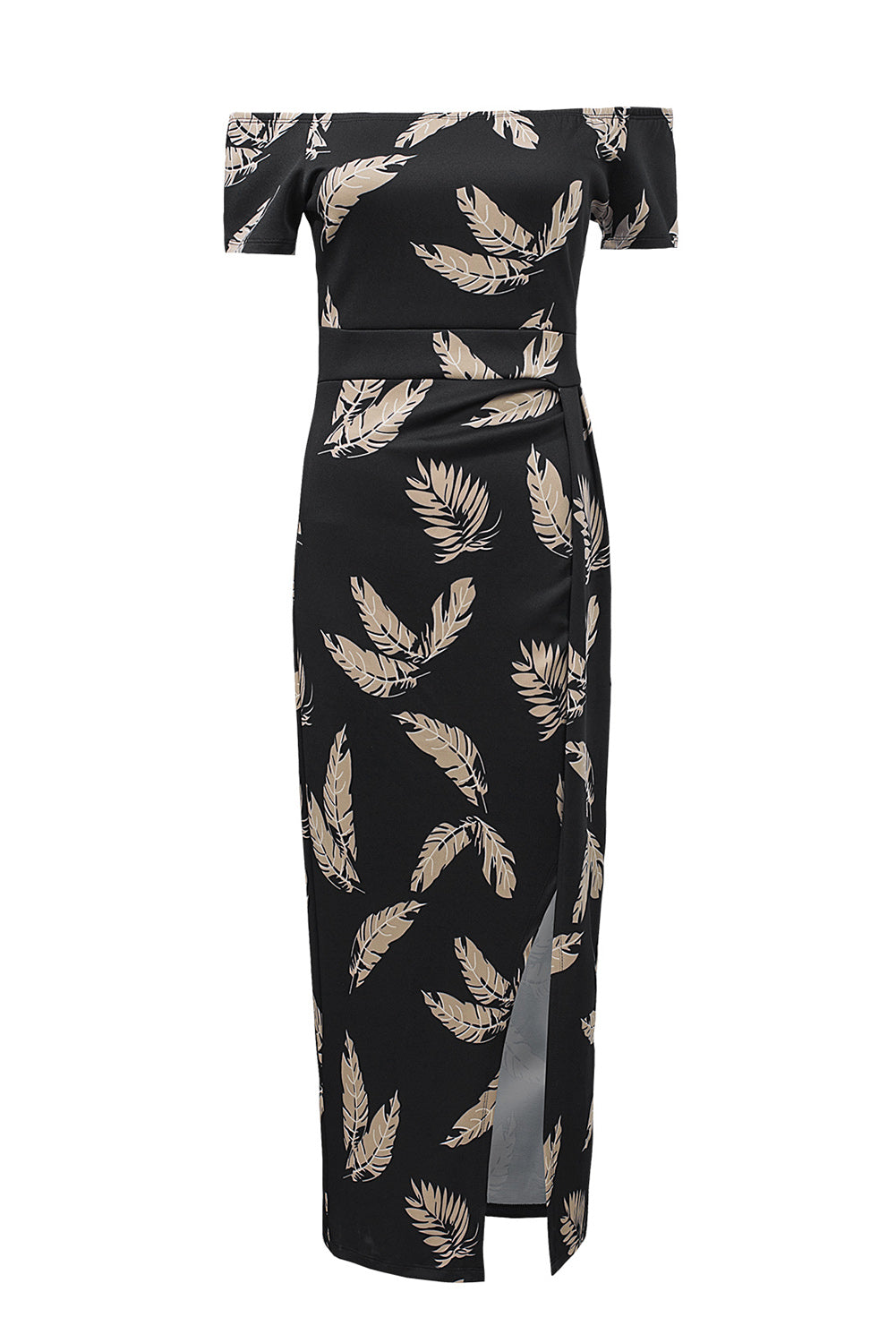 Black Pattern Print Off Shoulder Slit Bodycon Midi Dress