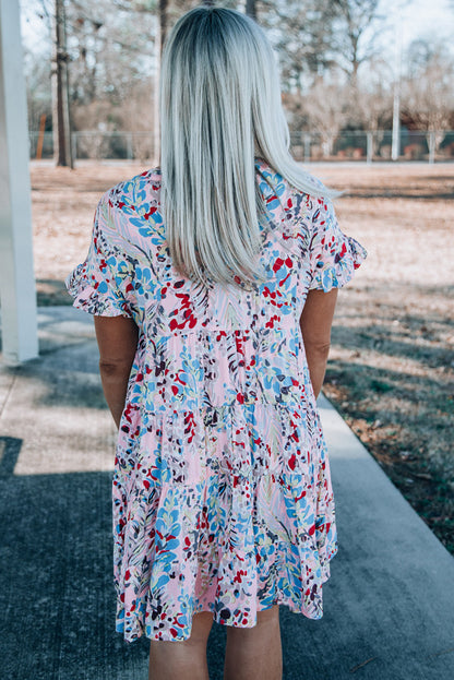 Pink Short Sleeves Floral Print Tiered Ruffled Dress