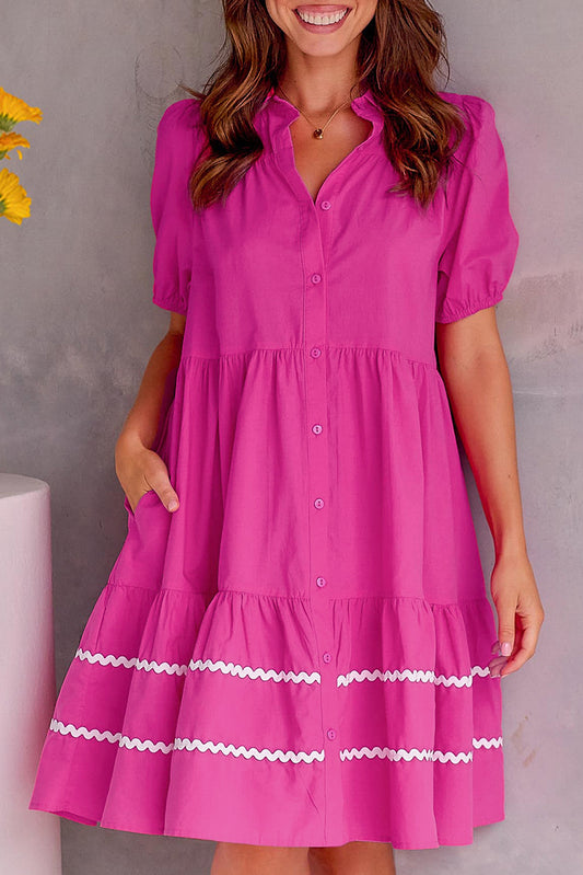 Rose Red Puff Sleeve Contrast Ric-rac Shirt Dress