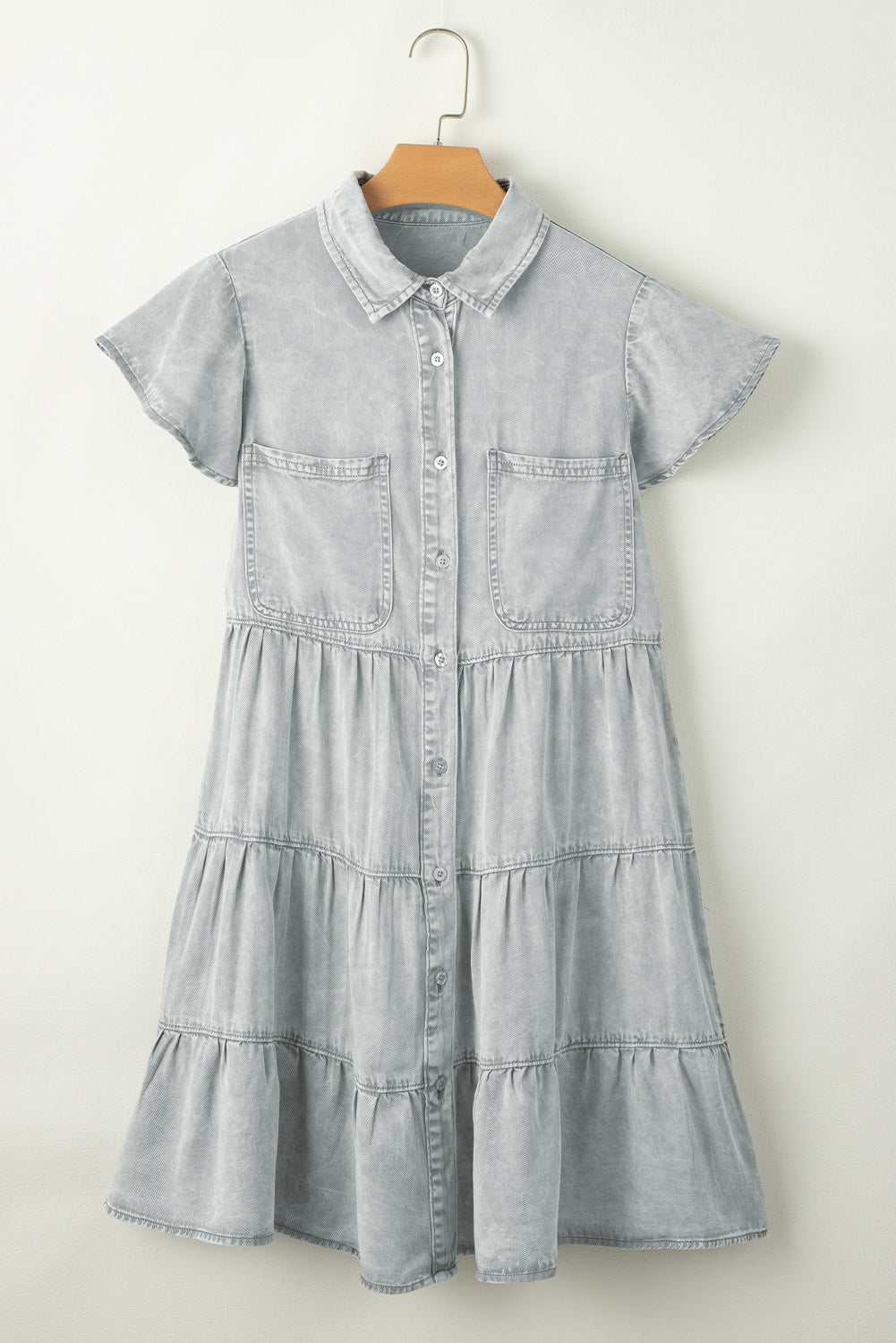 Light Grey Mineral Washed Ruffle Sleeve Tiered Chambray Dress