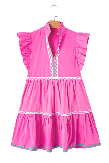 Strawberry Pink Ric Rac Colorblock Flutter Sleeve V Neck Tiered Dress