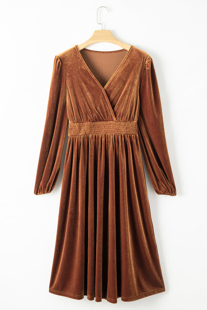 Camel Wrap V Neck Smocked High Waist Velvet Midi Dress