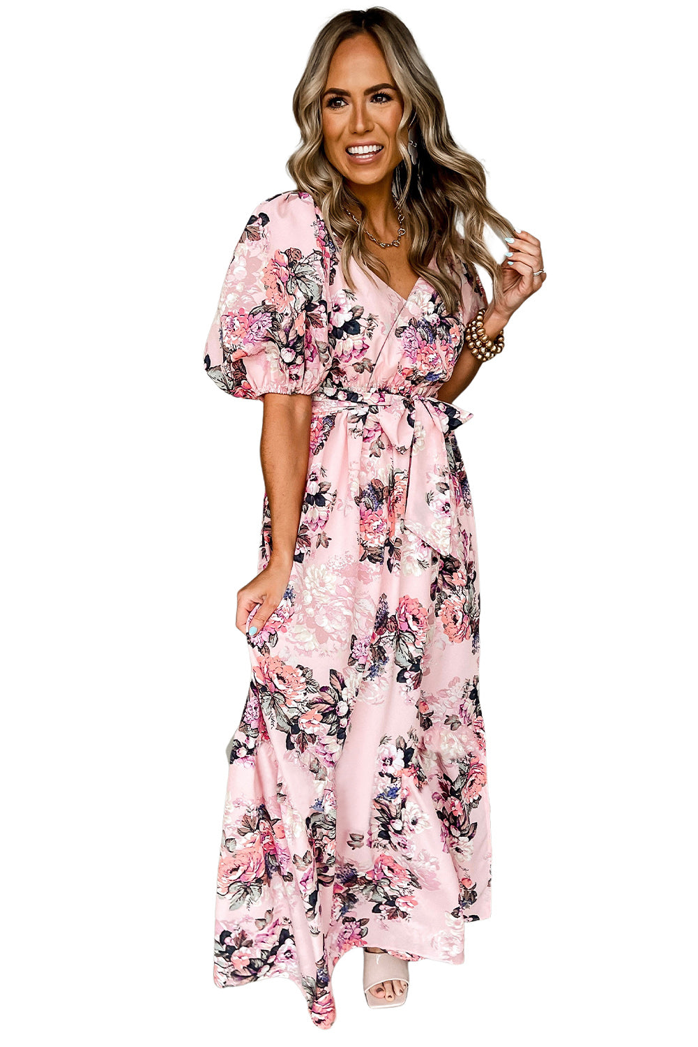 Pink Floral Puff Sleeve High Waist Maxi Dress