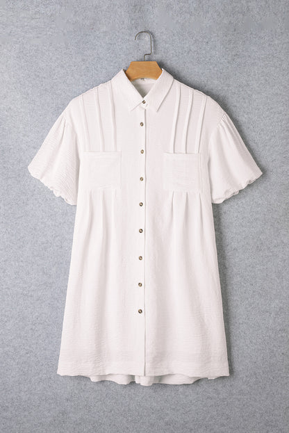 White Half Puff Sleeve Buttoned Shirt Mini Dress