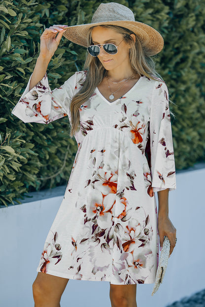 White V Neck 3/4 Sleeve Floral Dress