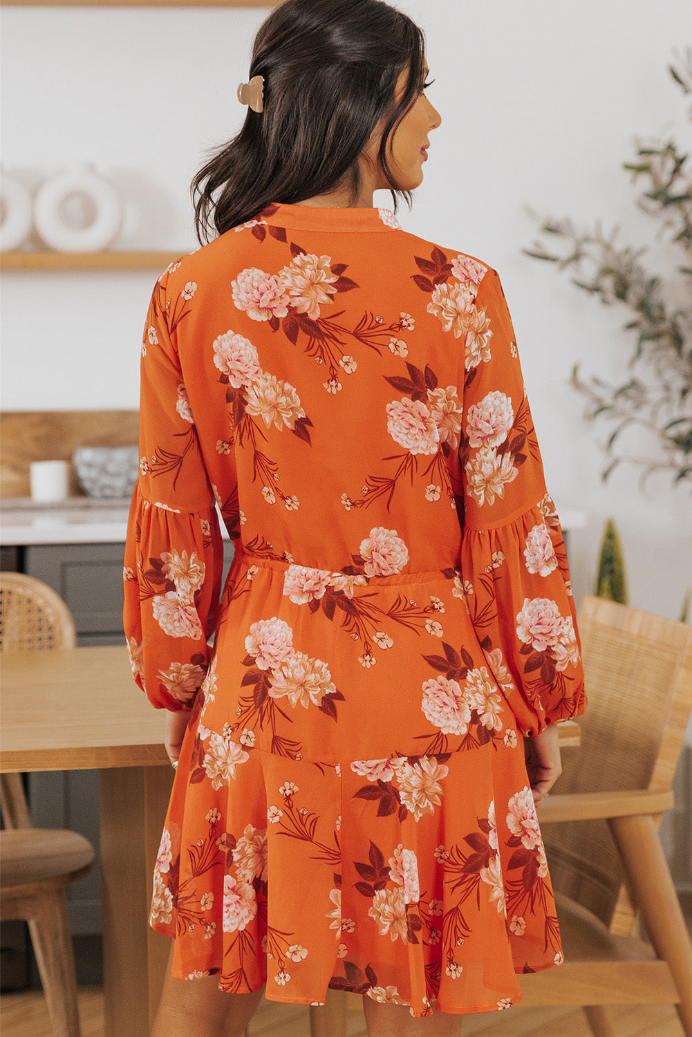 Orange Vintage Floral Print Drawstring Flowy Dress