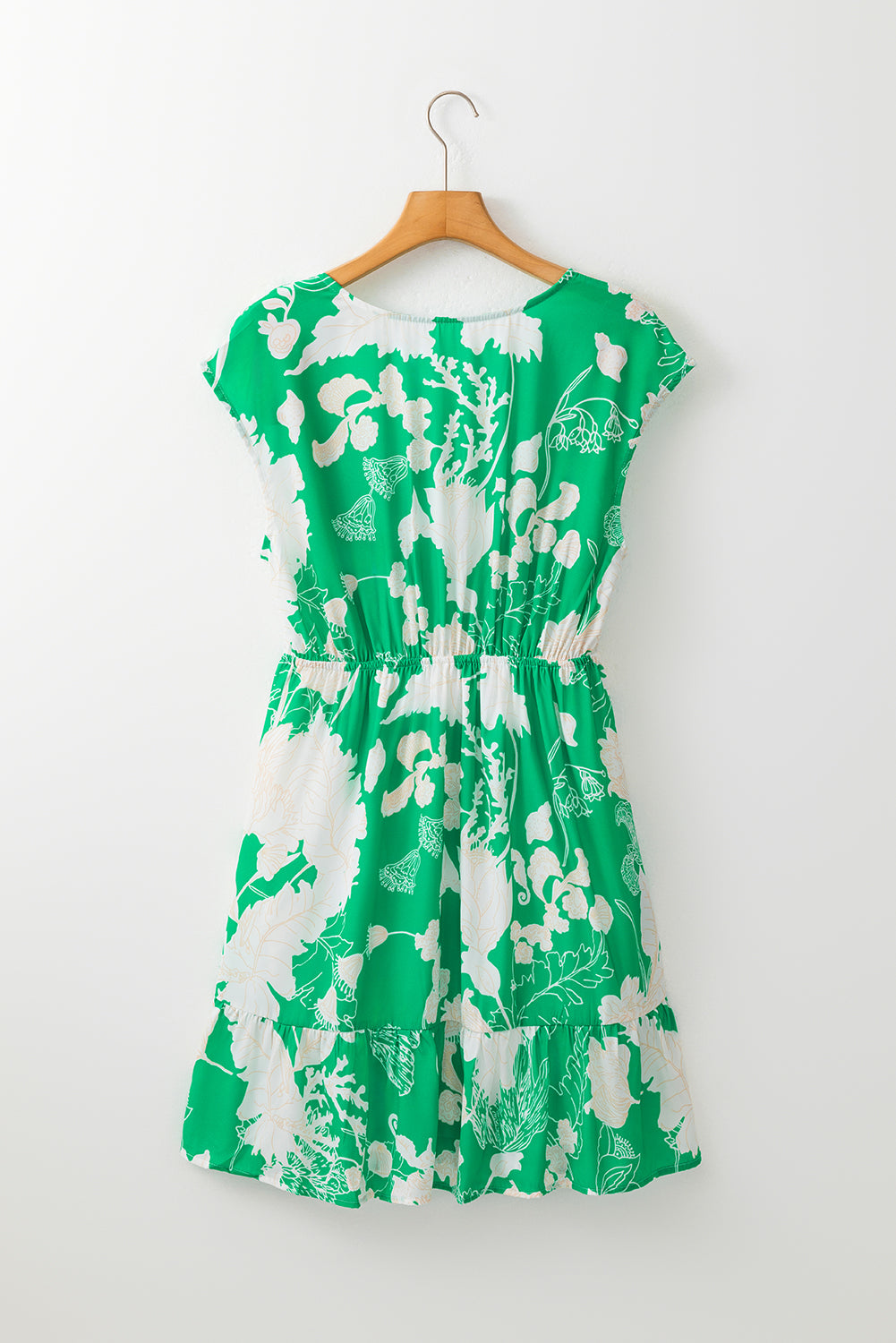 Green Floral Sleeveless V Neck Ruffled Hem Mini Dress