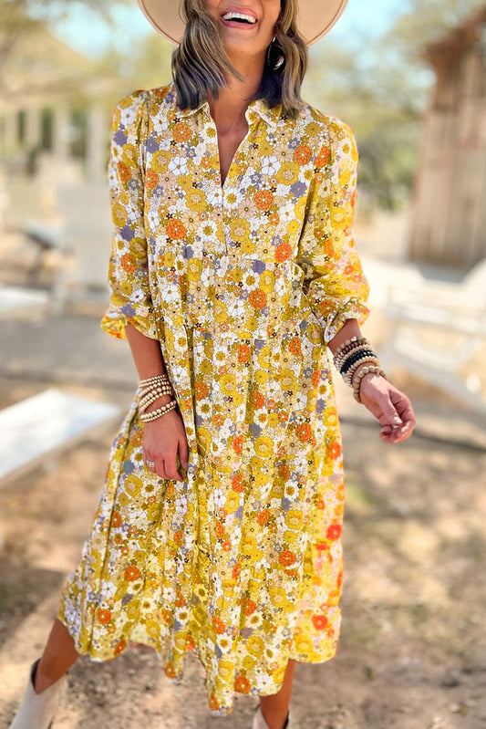 Yellow Boho Floral Collared Long Sleeve Ruffled Dress