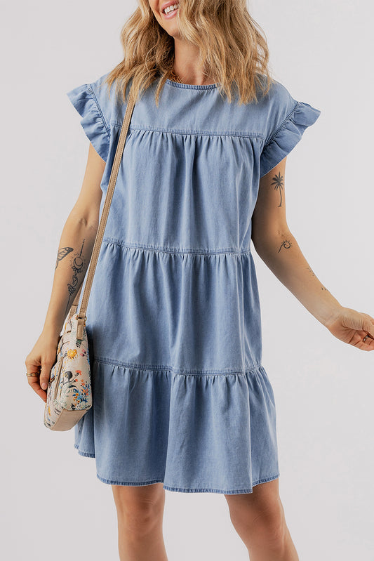 Beau Blue Ruffle Short Sleeve Tiered A-line Denim Dress