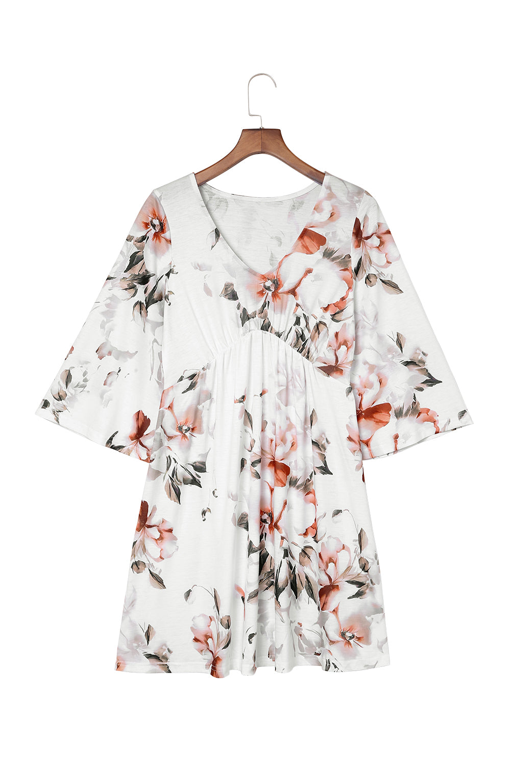 White V Neck 3/4 Sleeve Floral Dress