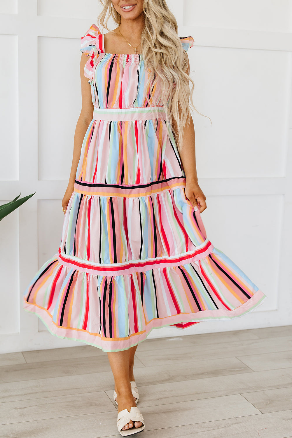 Pink Rainbow Stripe Ruffles Ruched Tiered Dress