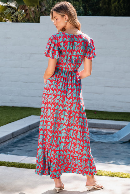 Red V Neck Flutter Sleeve Floral Print Ruffled Maxi Dress