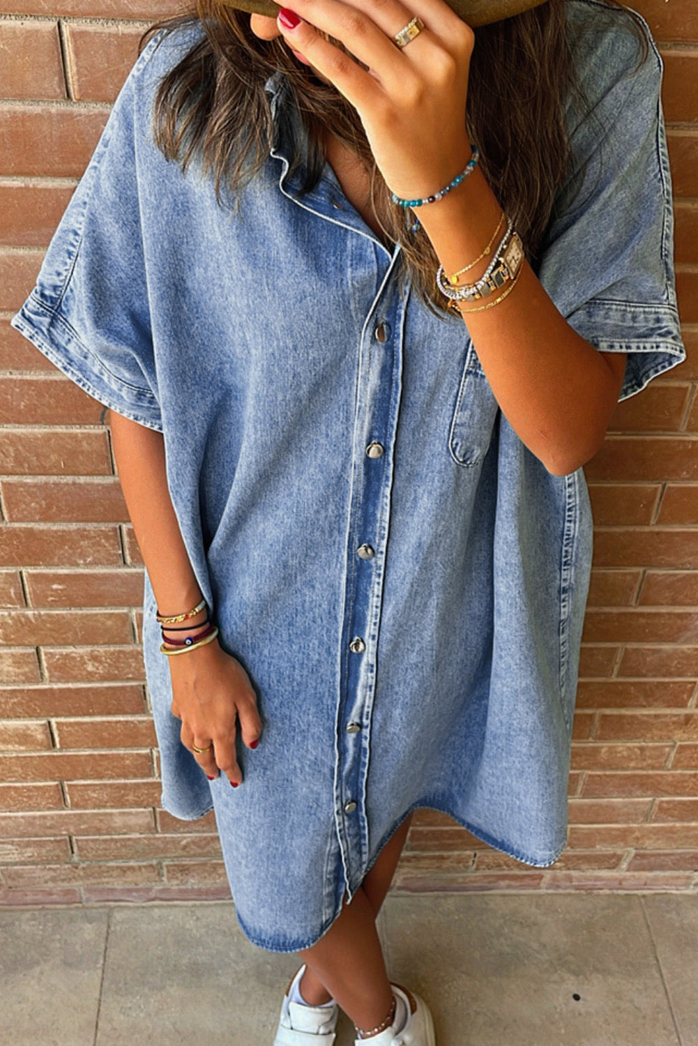 Light Blue Loose Medium Wash Short Sleeve Shirt Chambray Dress