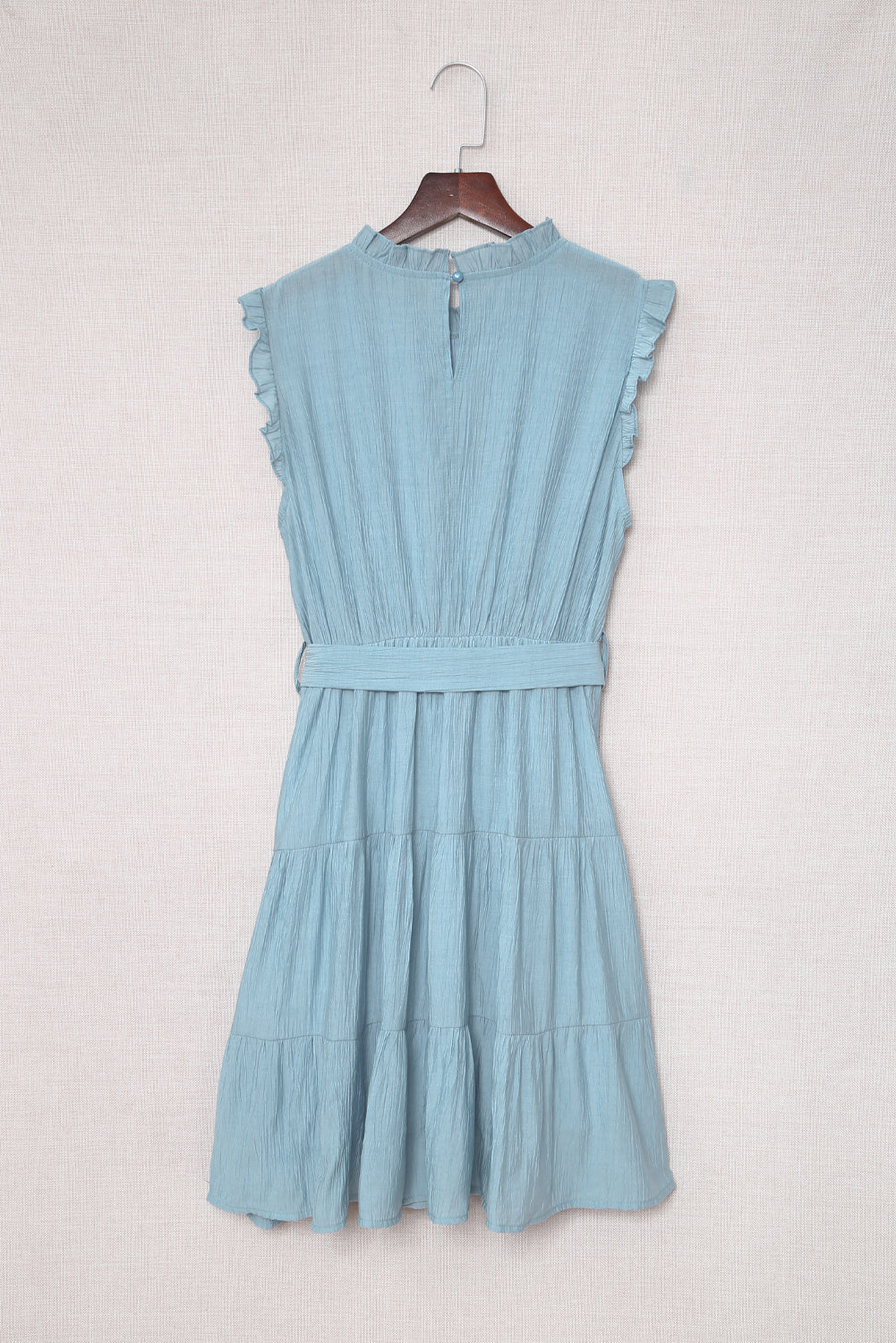 Sky Blue Frilled Neck Sleeveless Tiered Tulle Dress