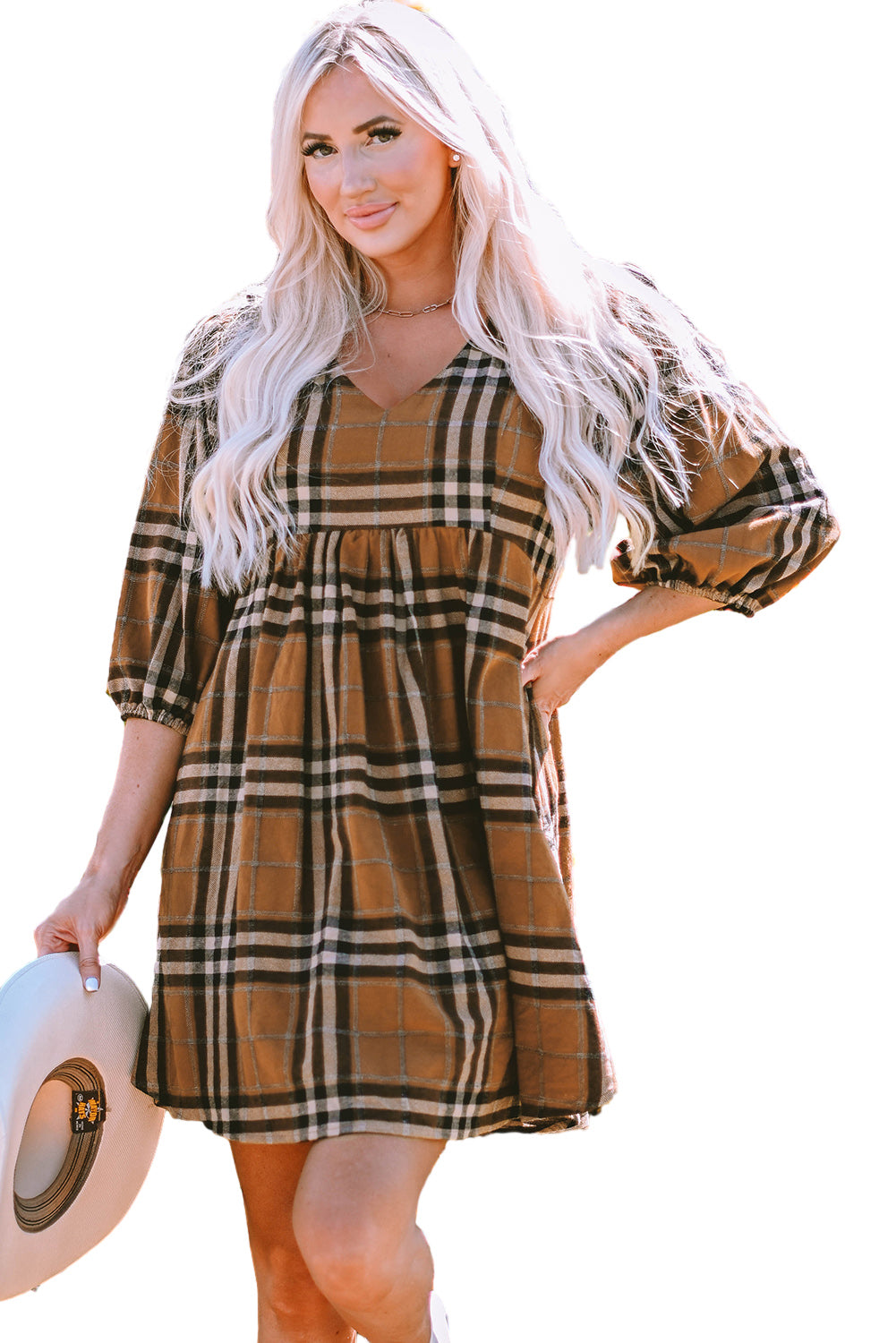 Brown Plaid Pattern Empire Waist Babydoll Dress