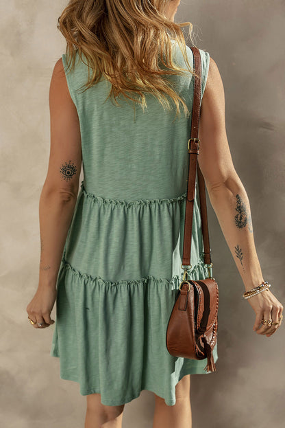 Moonlight Jade Split V Neck Tiered Flowy Sleeveless Dress