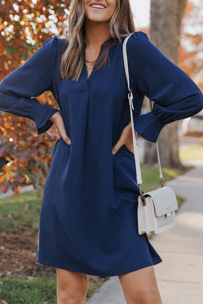 Blue Split V Neck Ruffled Sleeves Shirt Dress