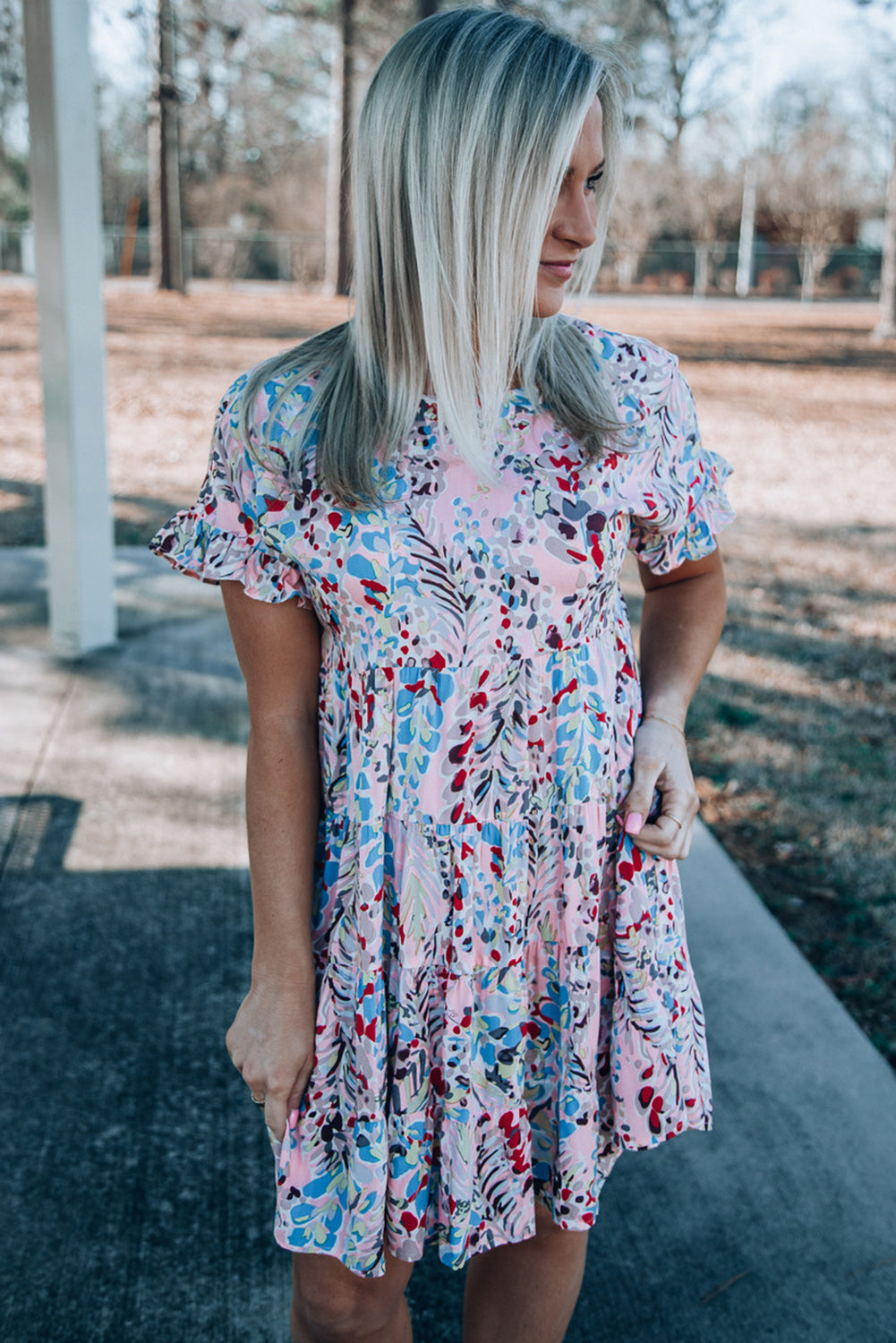 Pink Short Sleeves Floral Print Tiered Ruffled Dress