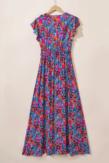 Blue Floral Print V Neck Wrap Split Maxi Dress