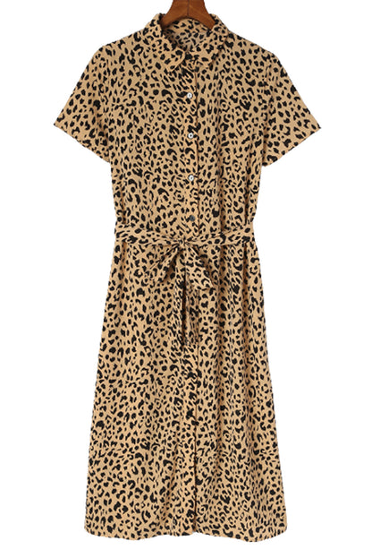 Khaki Leopard Turn-Down Collar Slit Midi Dress