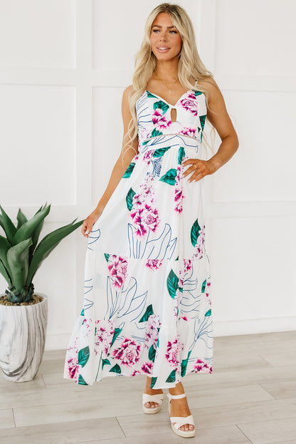 White Floral Twist Cutout Adjustable Straps Maxi Dress