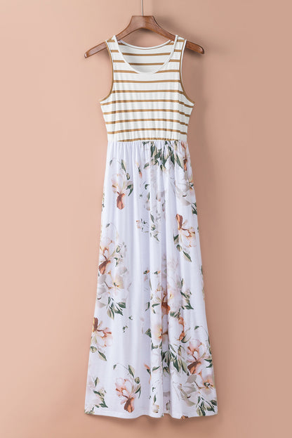 White Striped Floral Print Sleeveless Maxi Dress with Pocket