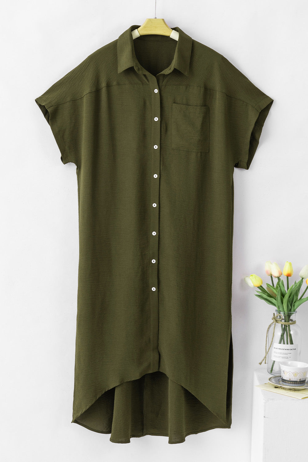 Jungle Green Loose High Low Side Slits Short Sleeve Shirt Dress