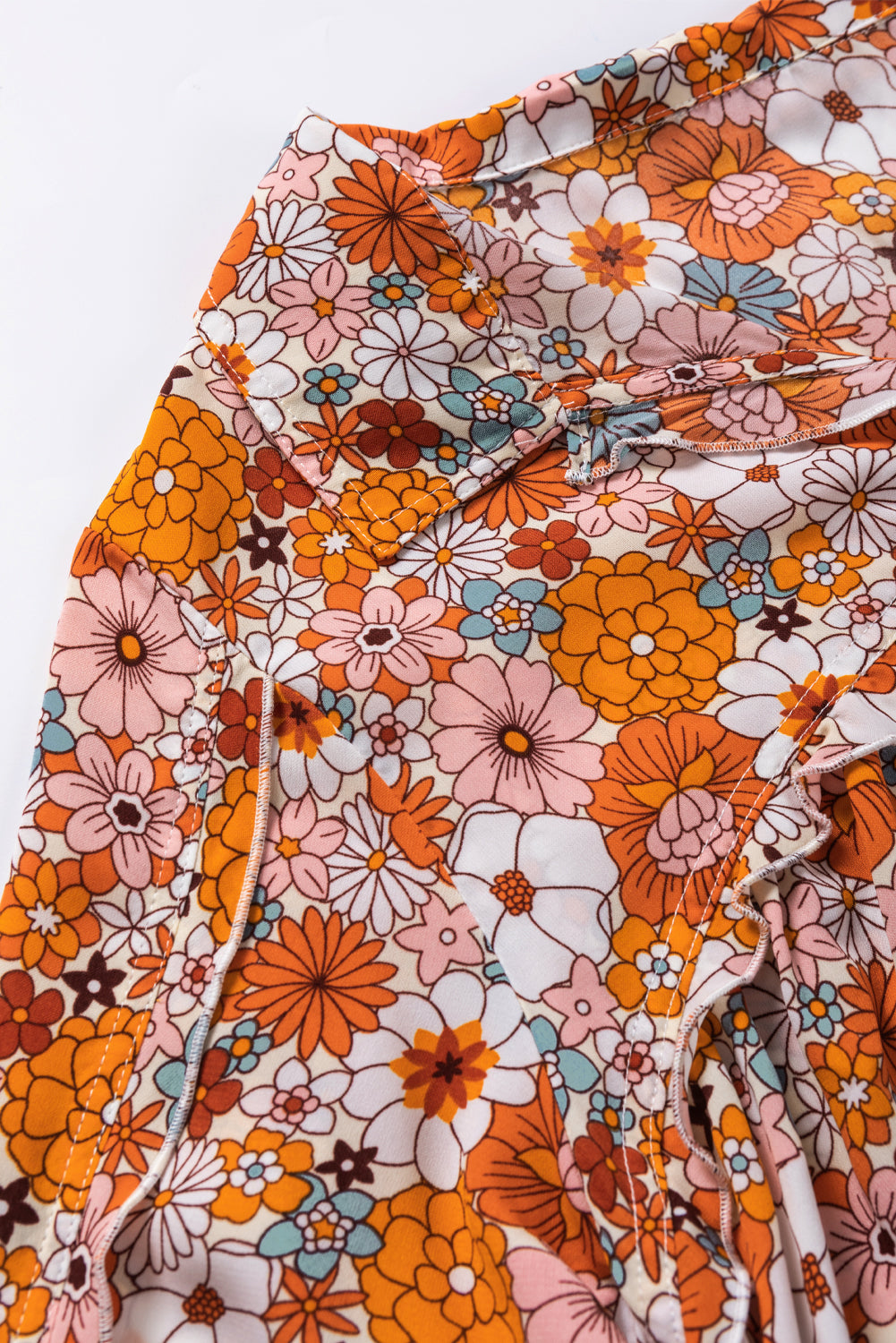 Orange Printed Split Neck Floral Pocketed Shift Dress