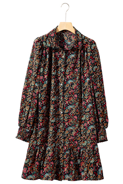 Black Retro Floral Tie Waist Short Ruffle Shirt Dress