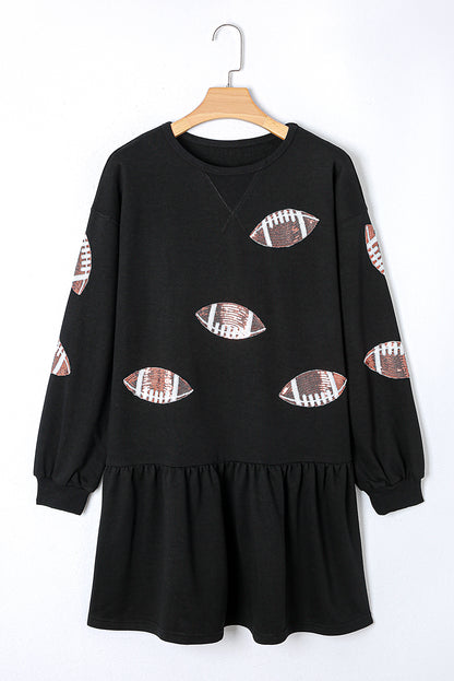 Black Game Day Sequin Rugby Football Pattern Ruffled Short Dress