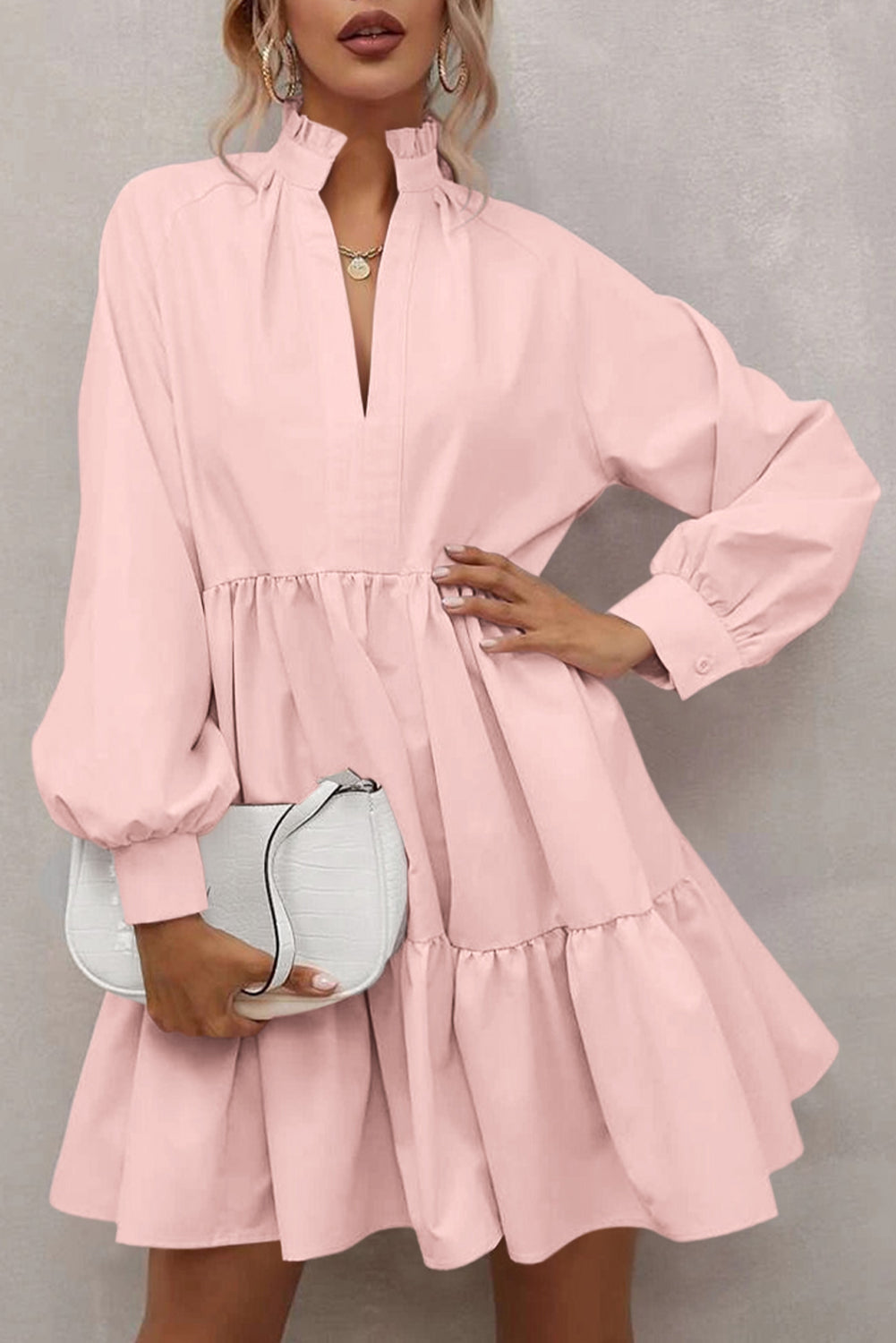 Pink Frilled Stand Collar Long Sleeve Ruffle Dress