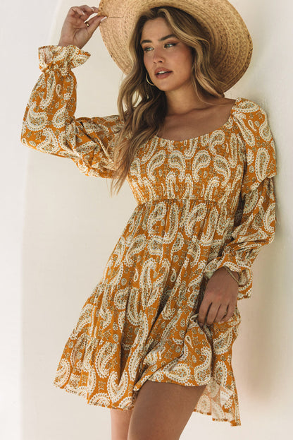 Yellow Boho Paisley Long Sleeve Floral Dress