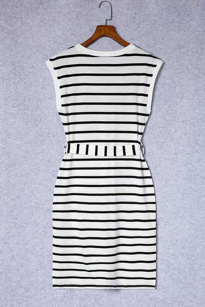 Striped Button Slit Tie V-Neck Midi Dress