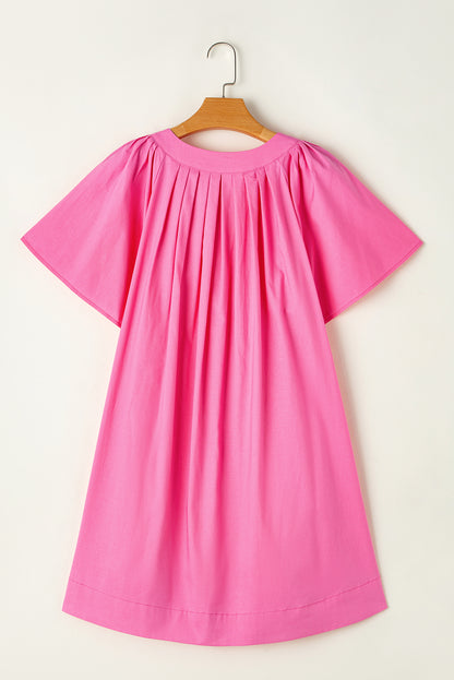 Bonbon Split V Neck Short Flutter Sleeve Pleated Shift Dress