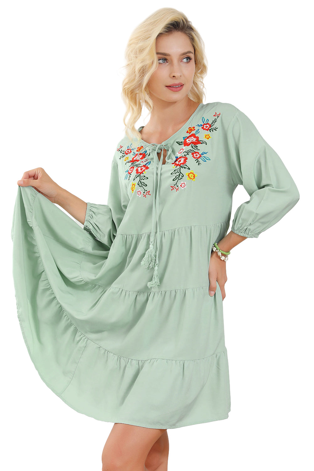 Green Floral Embroidery Tiered Ruffle Hem Dress