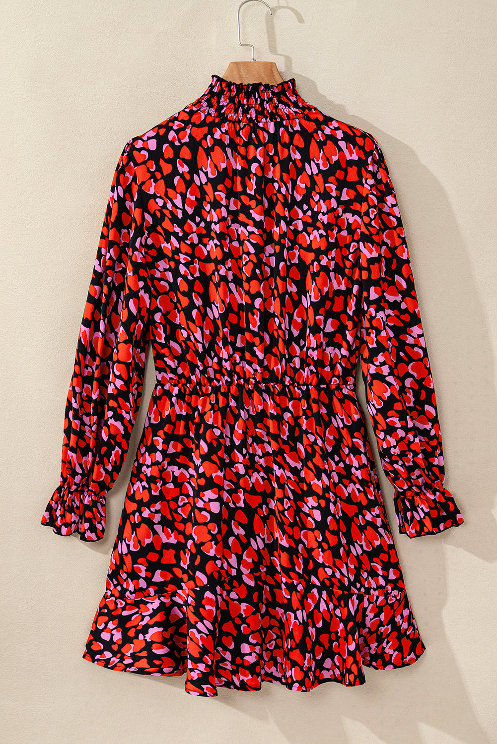 Red Valentines Day Heart Shape Print Long Sleeve Mini Dress