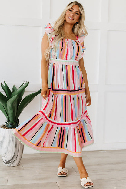 Pink Rainbow Stripe Ruffles Ruched Tiered Dress