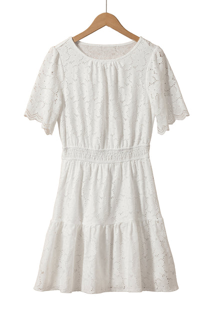 Beige Scalloped Floral Lace Crochet Short Sleeve Mini Dress