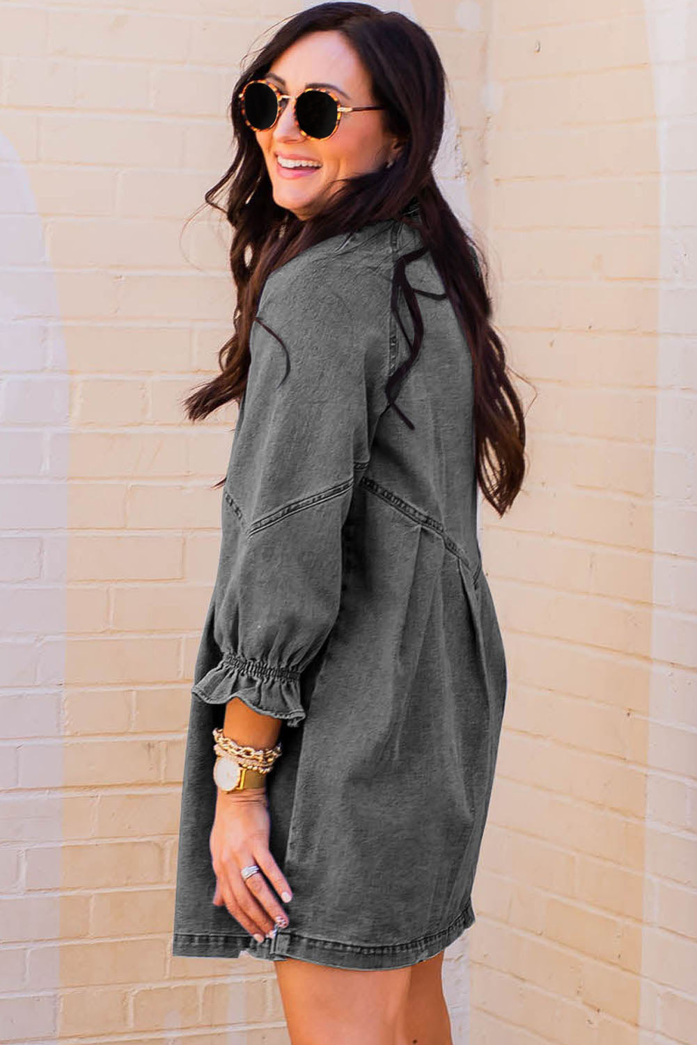 Gray Buttoned Long Sleeve Denim Mini Dress