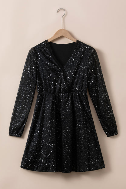 Black Glitter Mesh Overlay V Neck Long Sleeve Dress