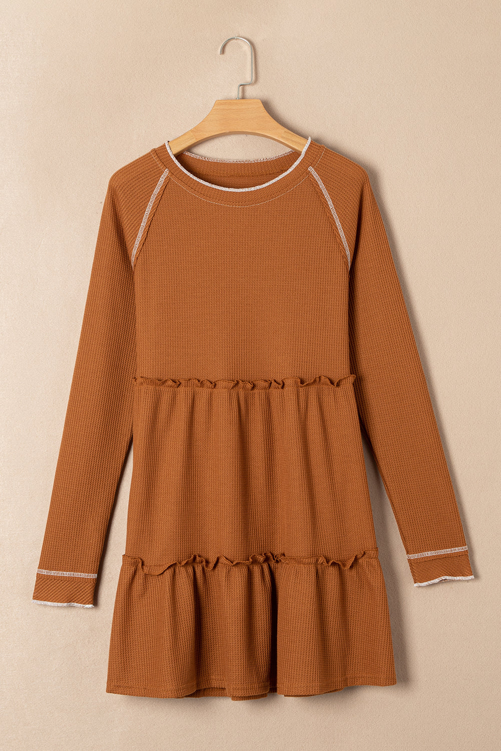 Chestnut Textured Tiered Ruffled Long Sleeve Mini Dress