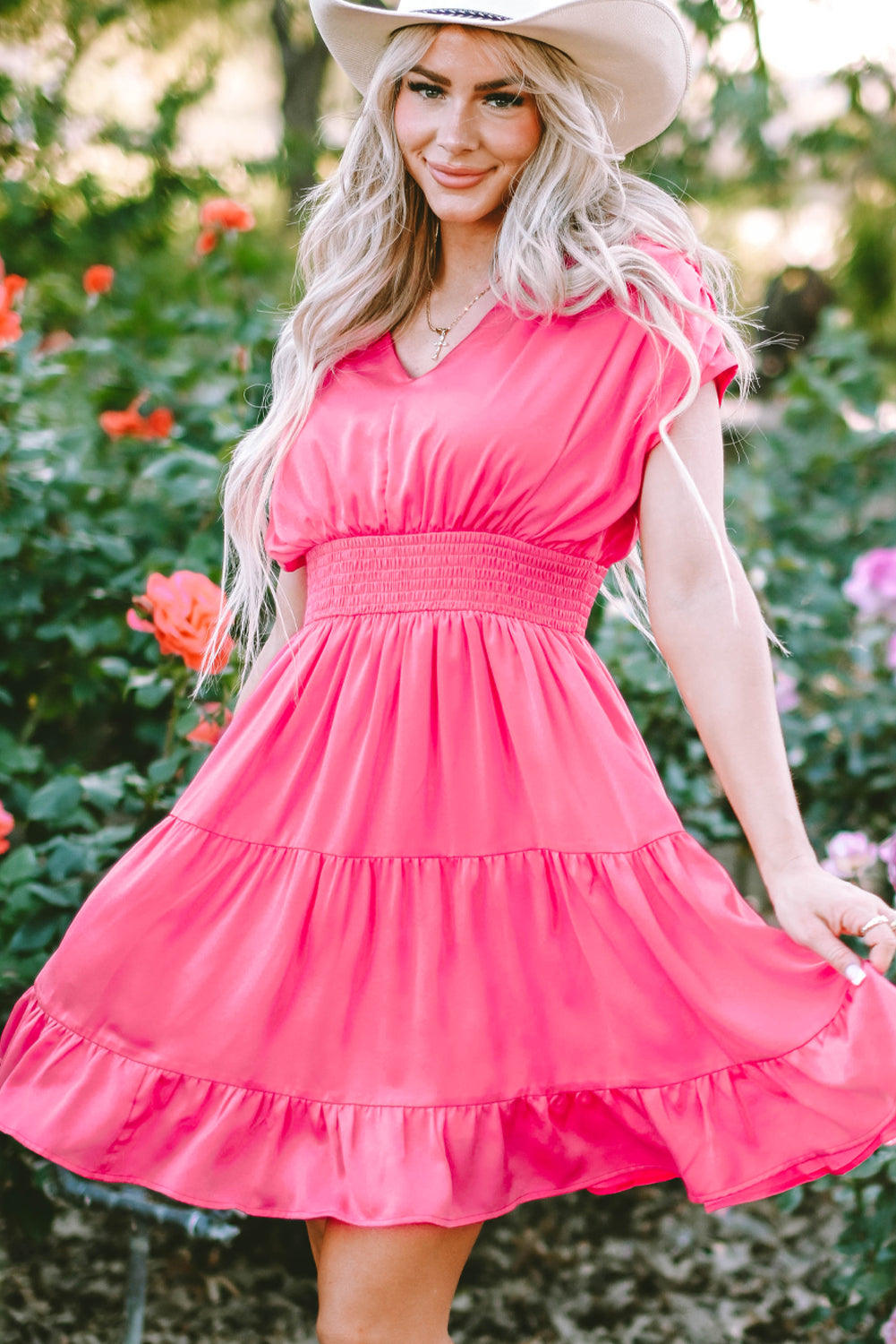 Strawberry Pink Ruched Sleeve V Neck Smock Waist Tiered Ruffled Dress