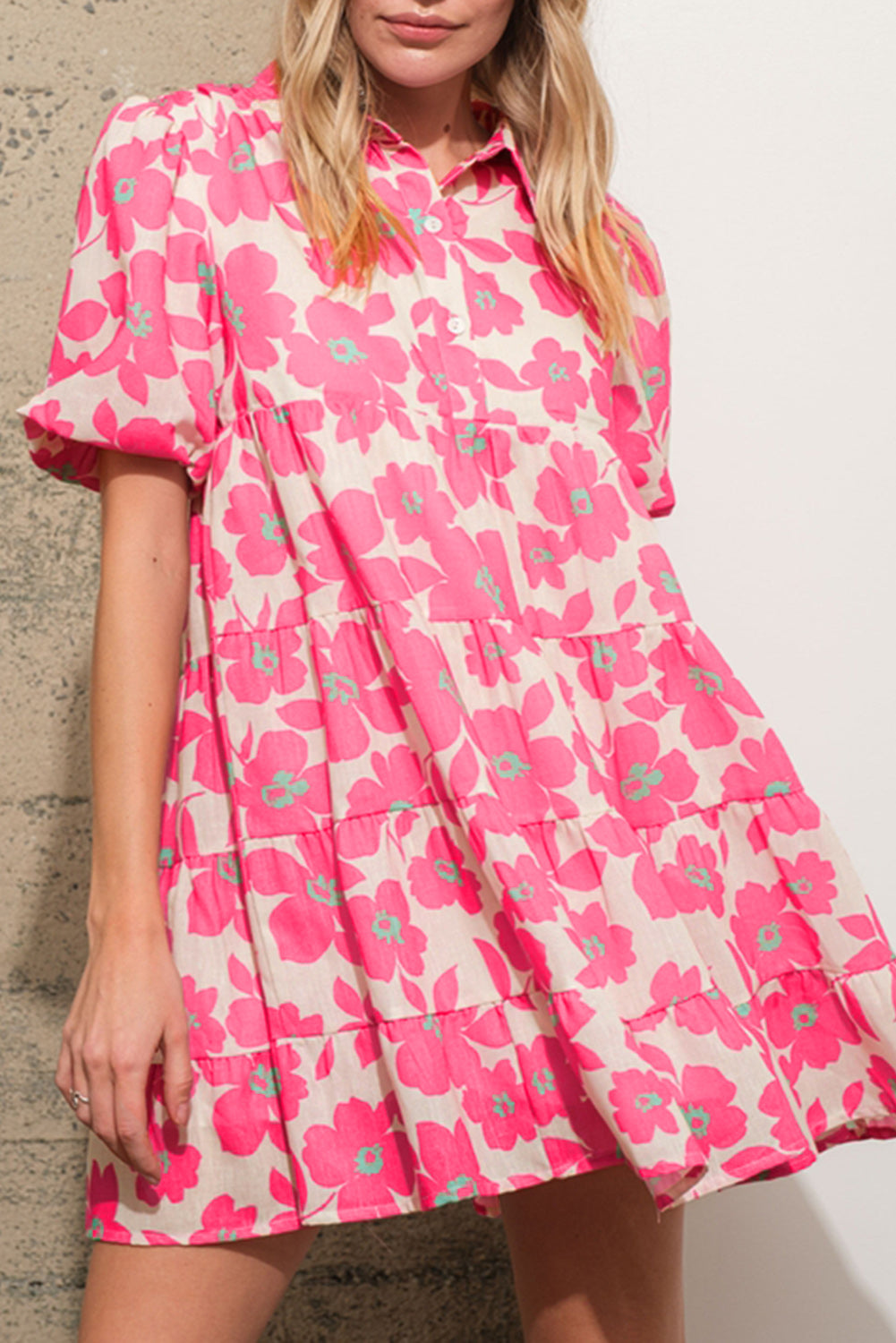 Pink Floral Tiered Puff Sleeve Mini Shirt Dress