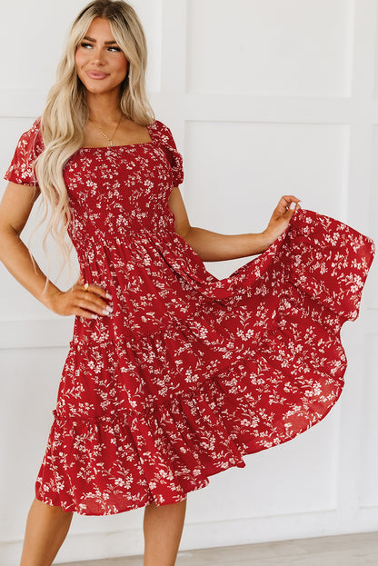 Red Boho Flower Smocked Square Neck Tiered Midi Floral Dress